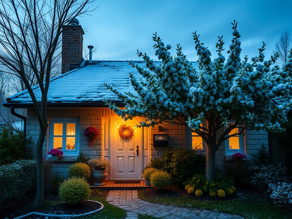 Снежный домик с уютным освещением и цветущим деревом. Вечерняя атмосфера с зимним настроением.