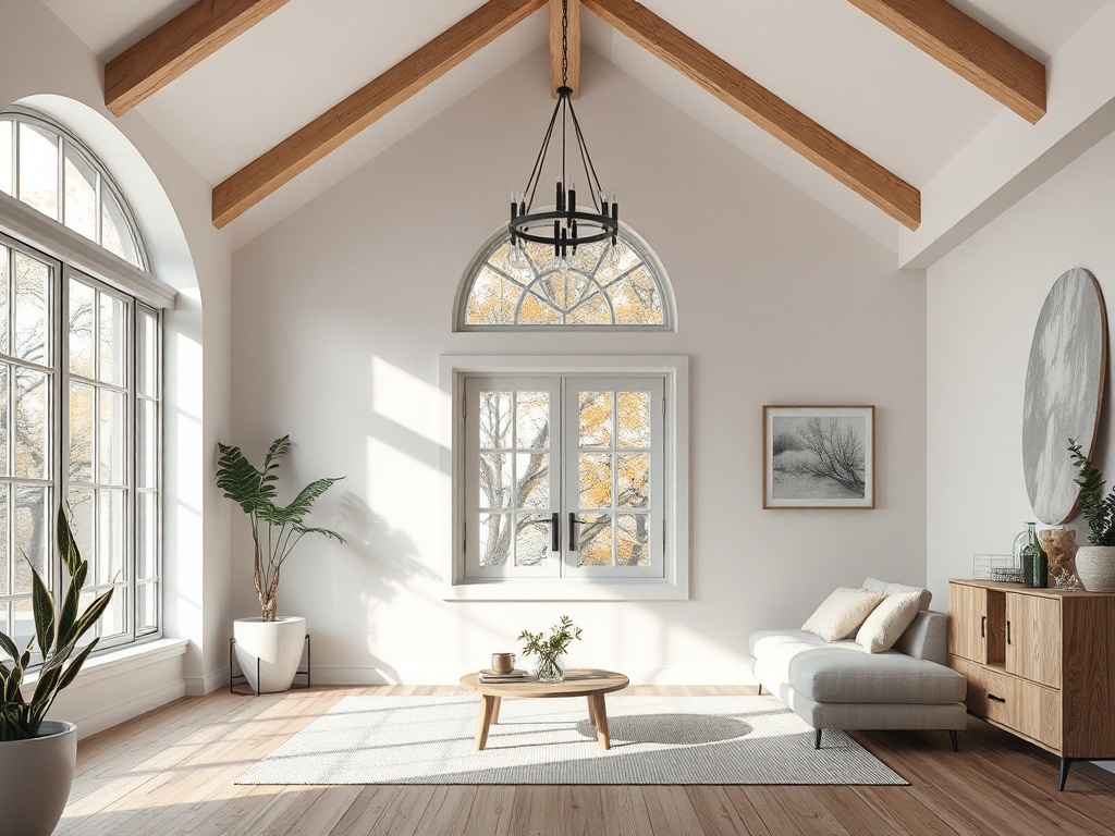 Светлая комната с высокими потолками, окнами и растениями, минималистичная мебель и уютная атмосфера.