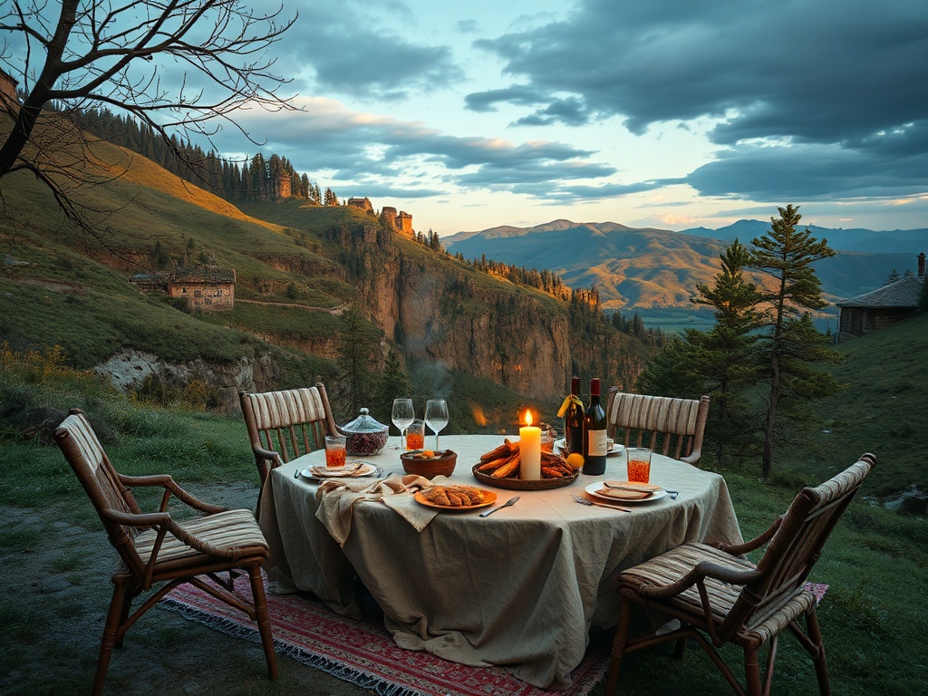 Уютный ужин на открытом воздухе с прекрасным видом на горы, стол накрыт закусками и напитками.