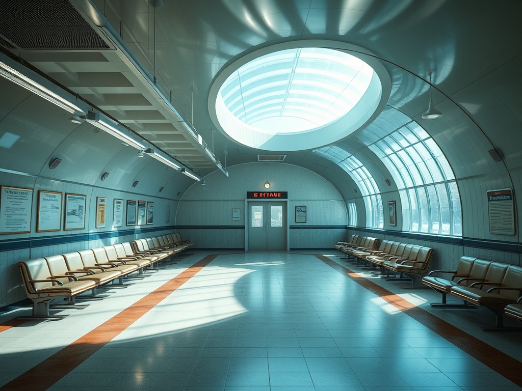 Современное ожидание на станции метро с широкими окнами и пустыми скамейками. Небо виднеется через купол.