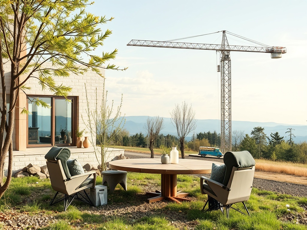 На фото уединённая терраса с двумя креслами и столом, на фоне строящегося здания и горного пейзажа.