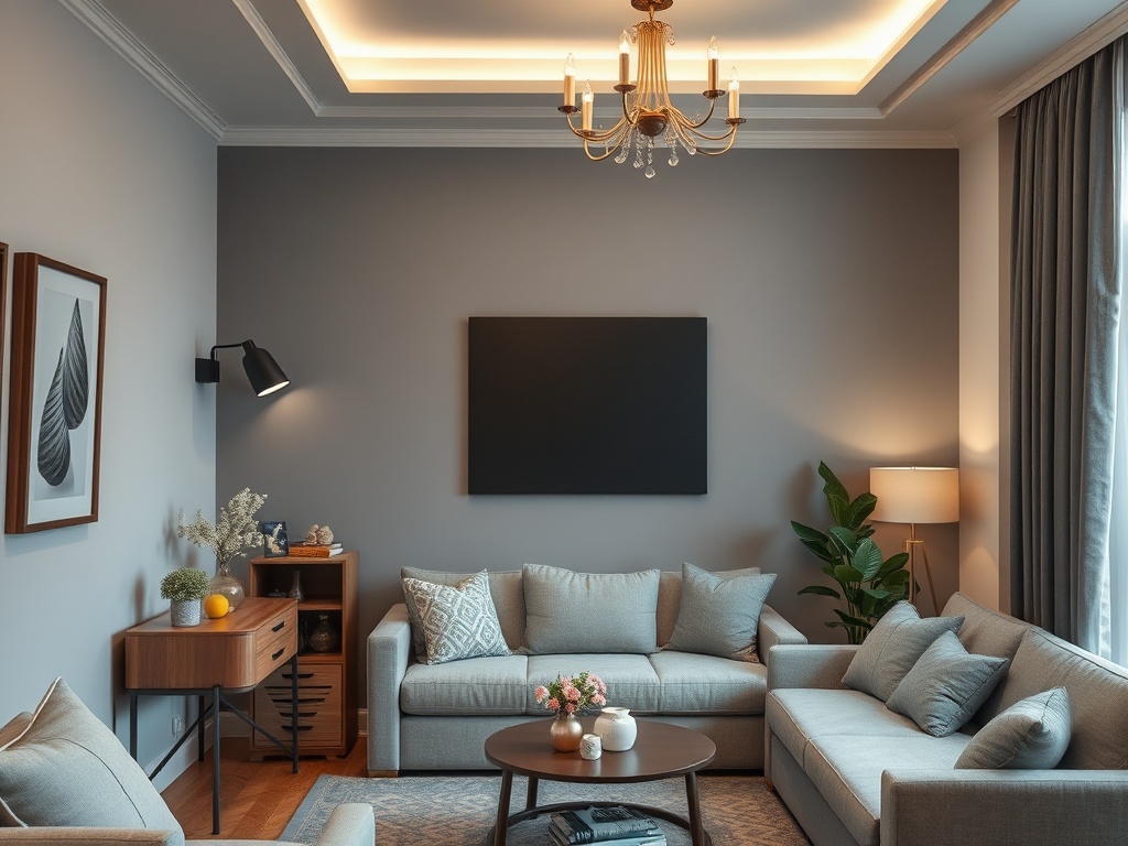 Современная гостиная с уютной мебелью, стильными картинами и зеленым растением на фоне серой стены.