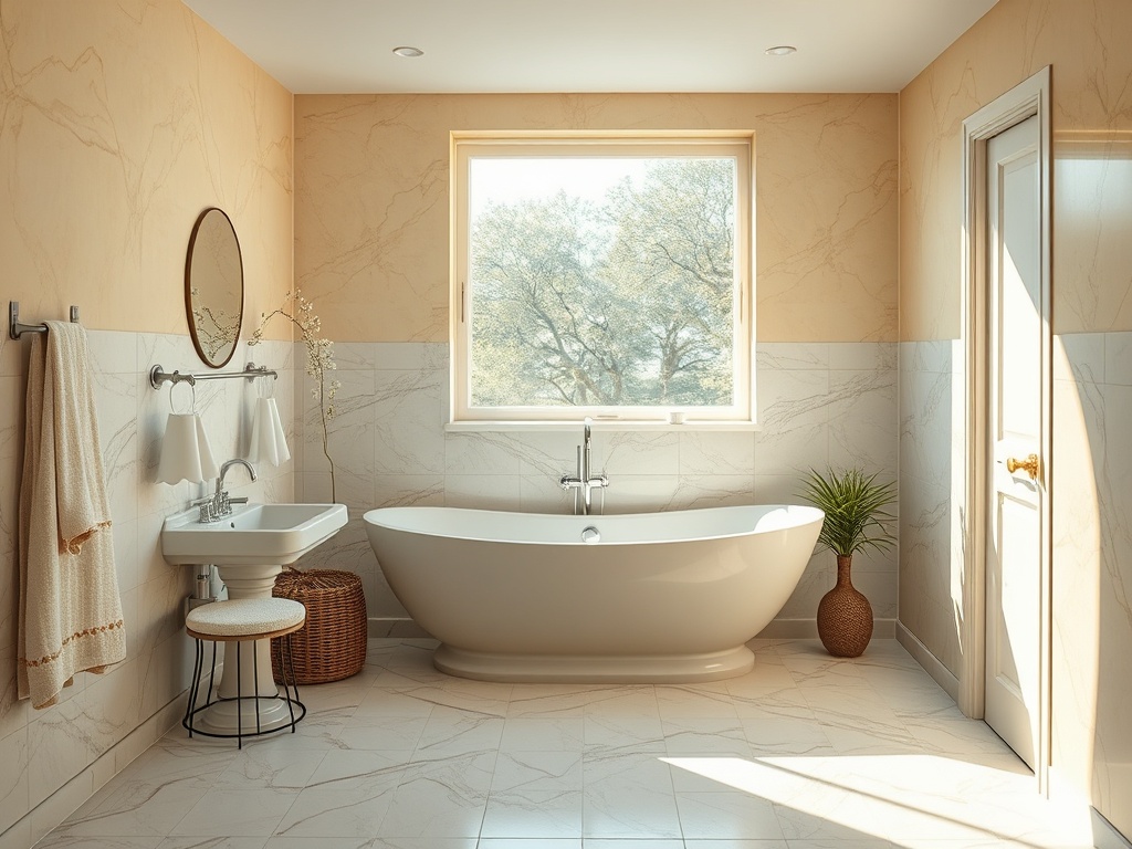 Современная ванная комната с ванной, раковиной, зеркалом и окном, через которое видно дерево.