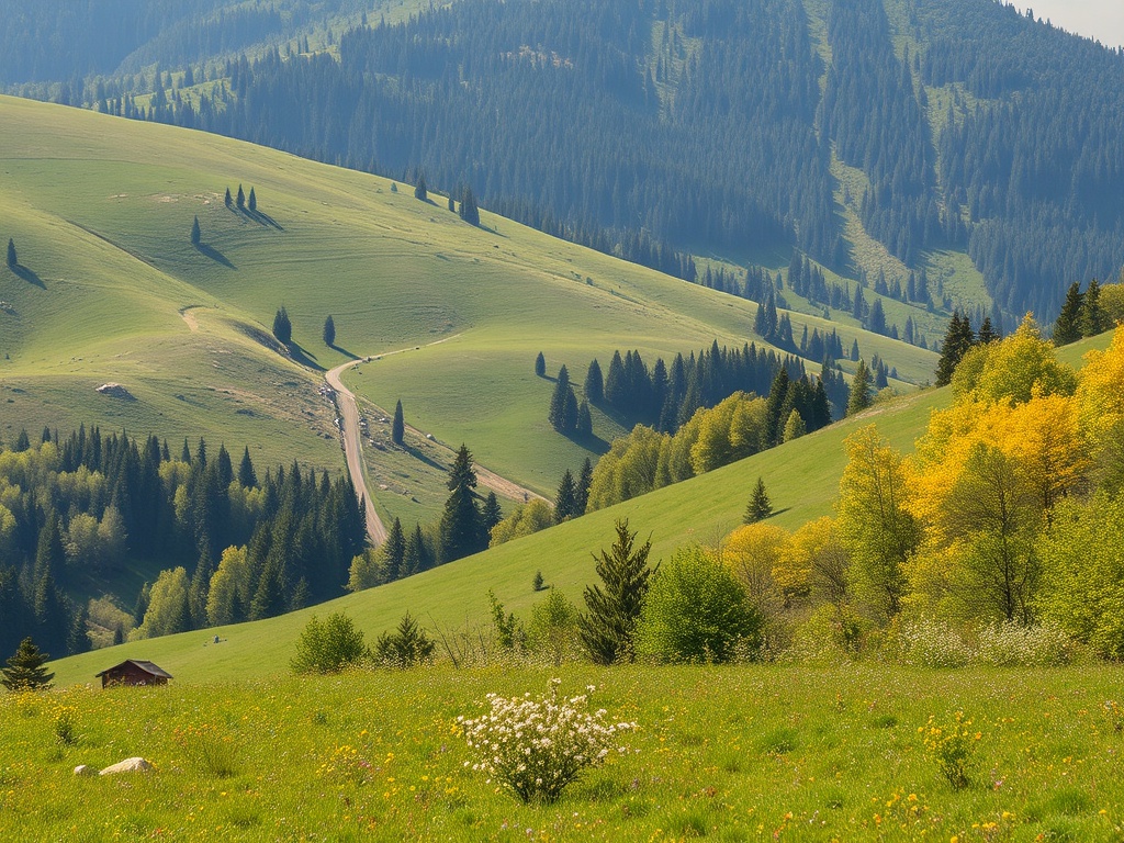 На снимке уклонистая зелёная местность с дорогой и деревьями на фоне гор. Весна, яркие цвета природы.