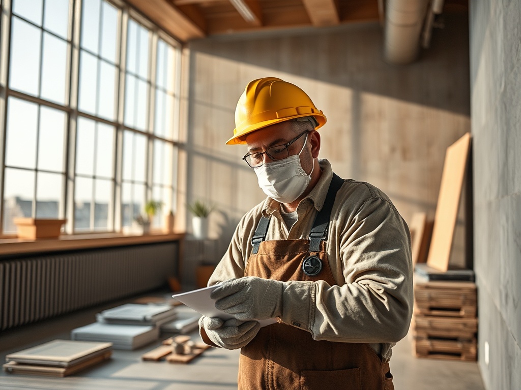 На изображении строитель в защитном шлеме и маске, использует планшет в светлом помещении.
