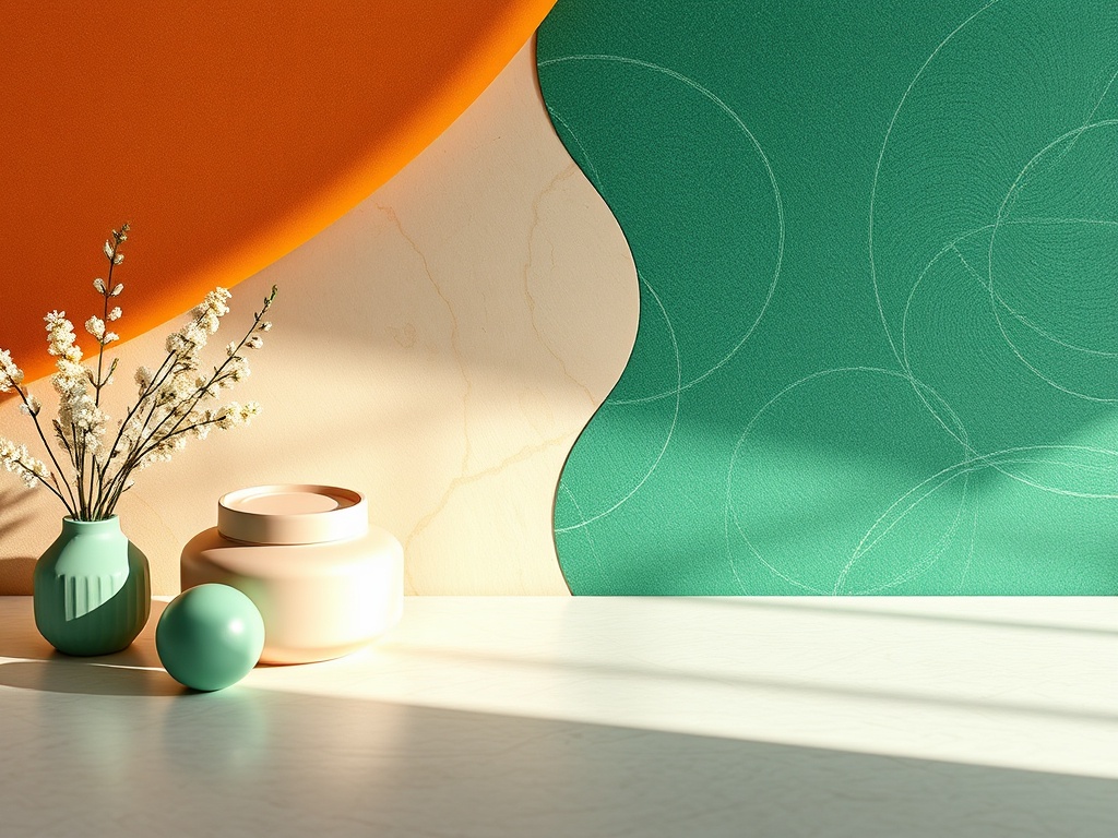 На столе вазы и круглый предмет на фоне цветных стен. Светлая и уютная атмосфера.