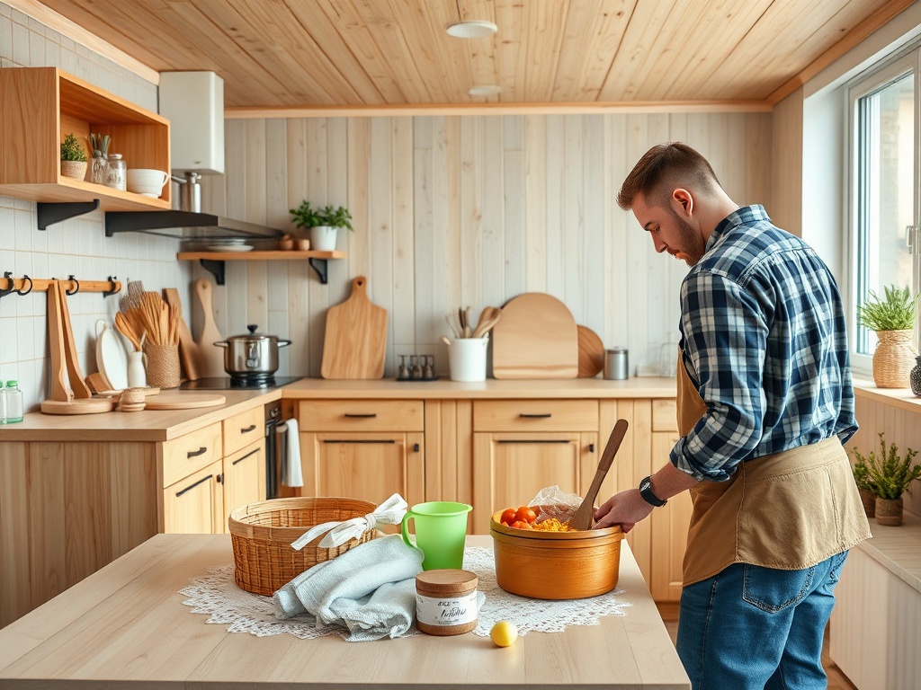 На изображении молодой человек готовит на кухне, стоит у стола с ингредиентами и посудой.