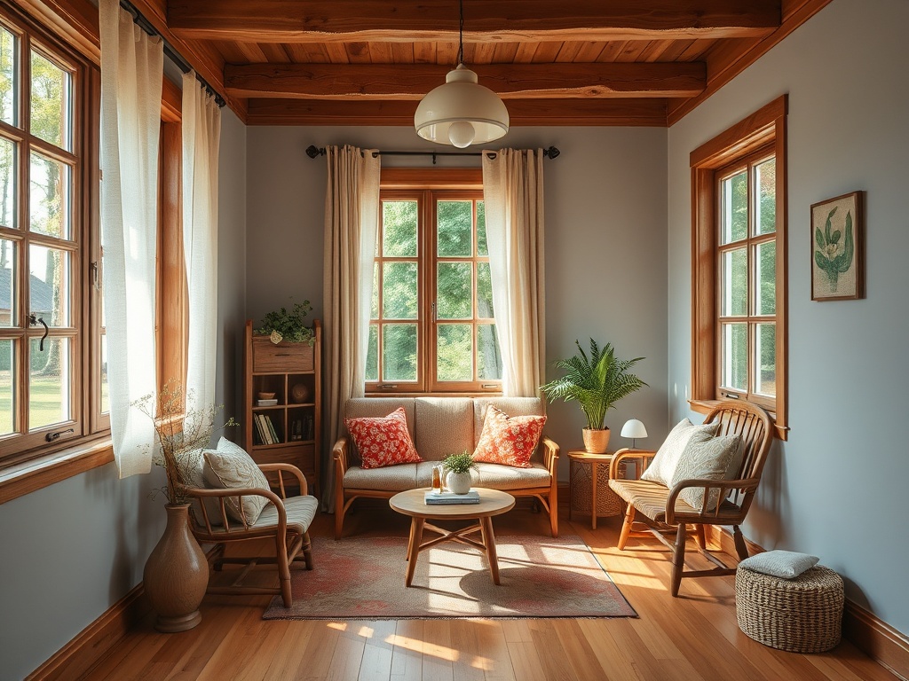 Светлая гостиная с деревянными окнами, уютной мебелью и зелёным растением. Тёплая атмосфера и комфорт.