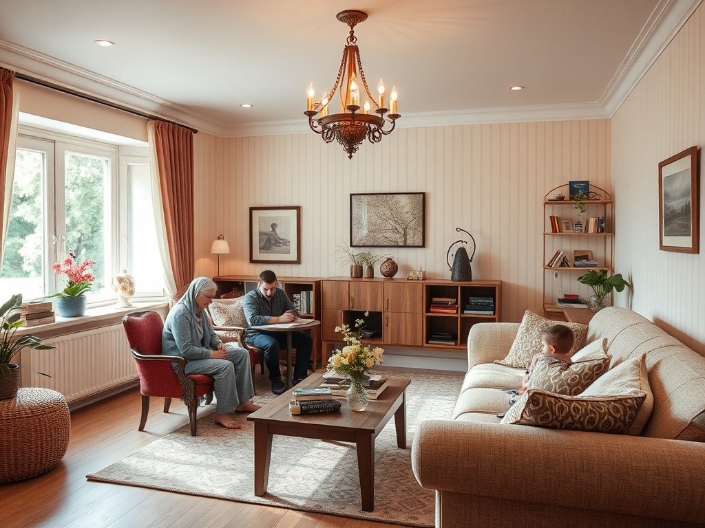 В уютной комнате сидят женщина в платке, мужчина и ребенок, создавая атмосферу семейного общения и уюта.