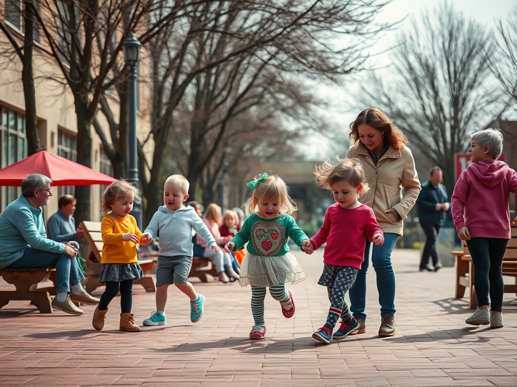 На улице играют дети в яркой одежде, а взрослые наблюдают за ними. Веселая атмосфера весеннего дня.