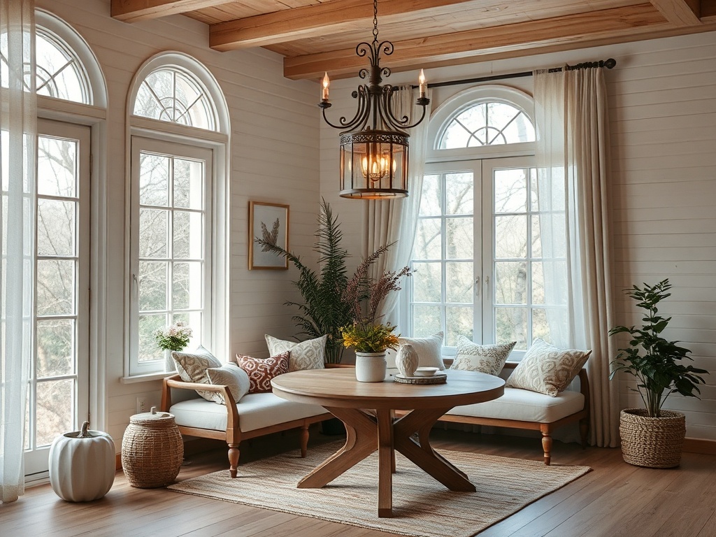 Уютная комната с круглым столом, мягкими диванами и большими окнами, наполненная зеленью и светом.