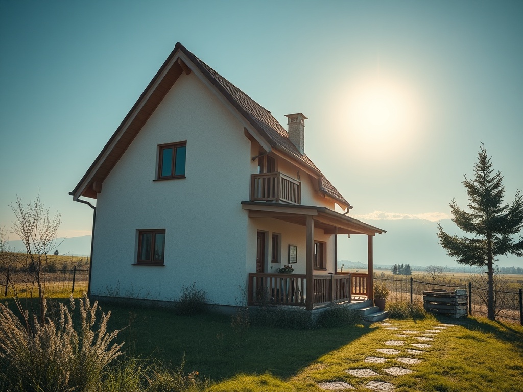 Дом с двухскатной крышей на фоне солнечного неба и зелёного поля, окружённого деревьями.